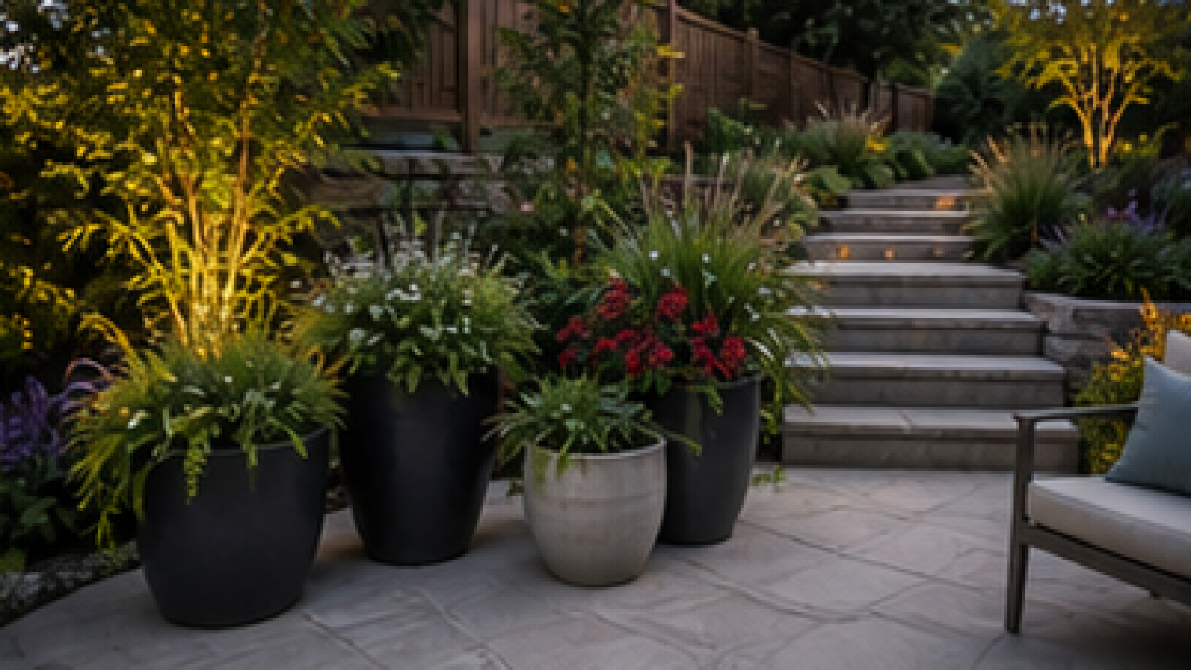 Sloped Backyard Landscaping Ideas with planters