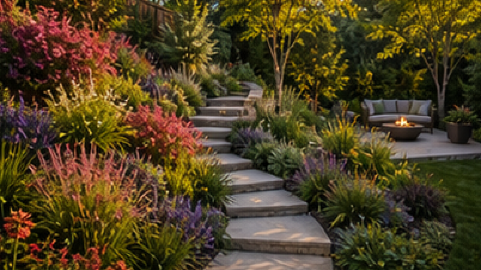 Sloped Backyard Landscaping Ideas with seasonal color