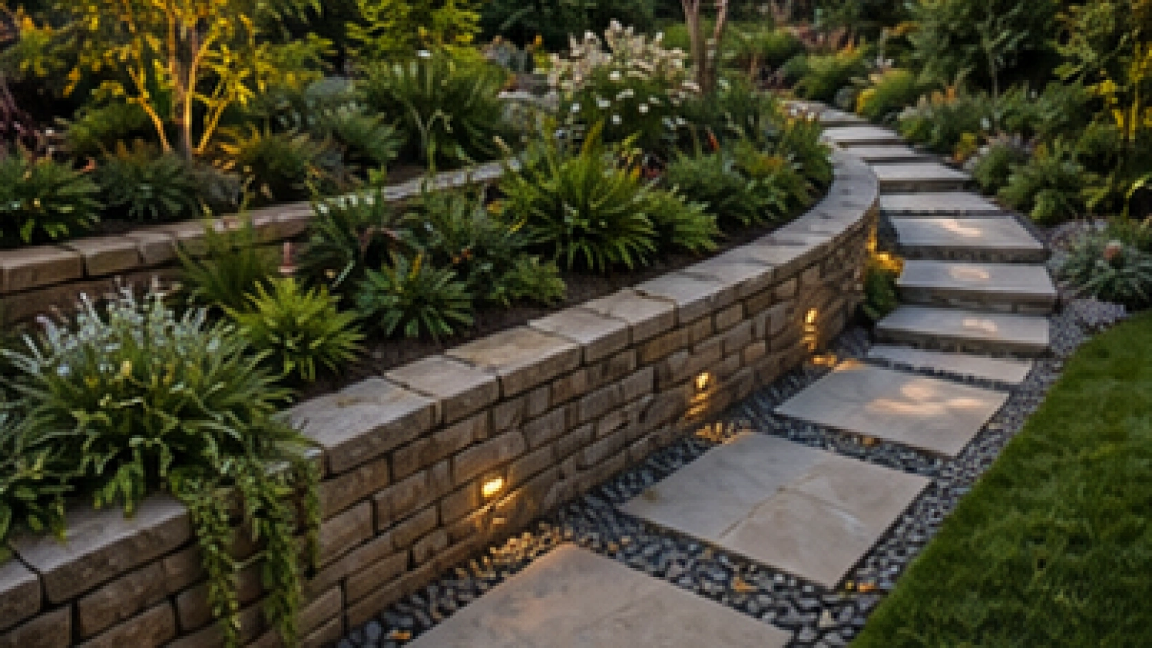 Sloped Backyard Landscaping Ideas with stone border