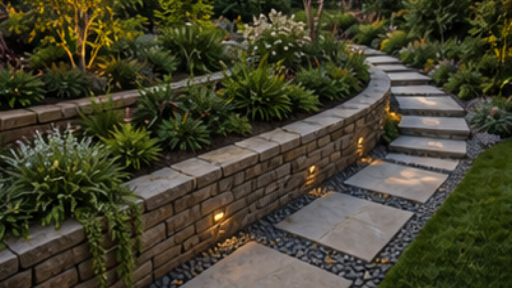 Sloped Backyard Landscaping Ideas with stone border