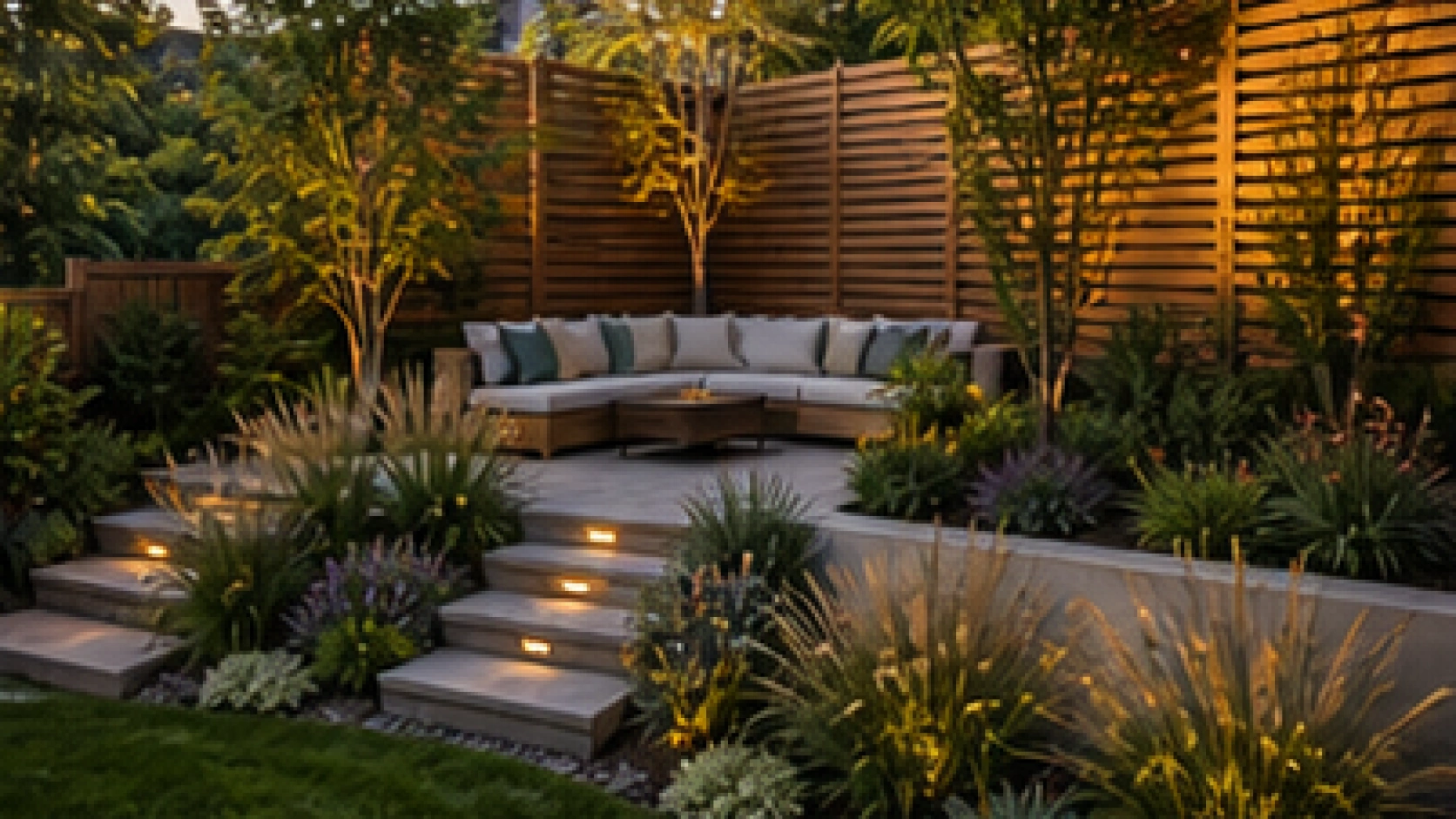 Sloped Backyard Landscaping Ideas with natural wood