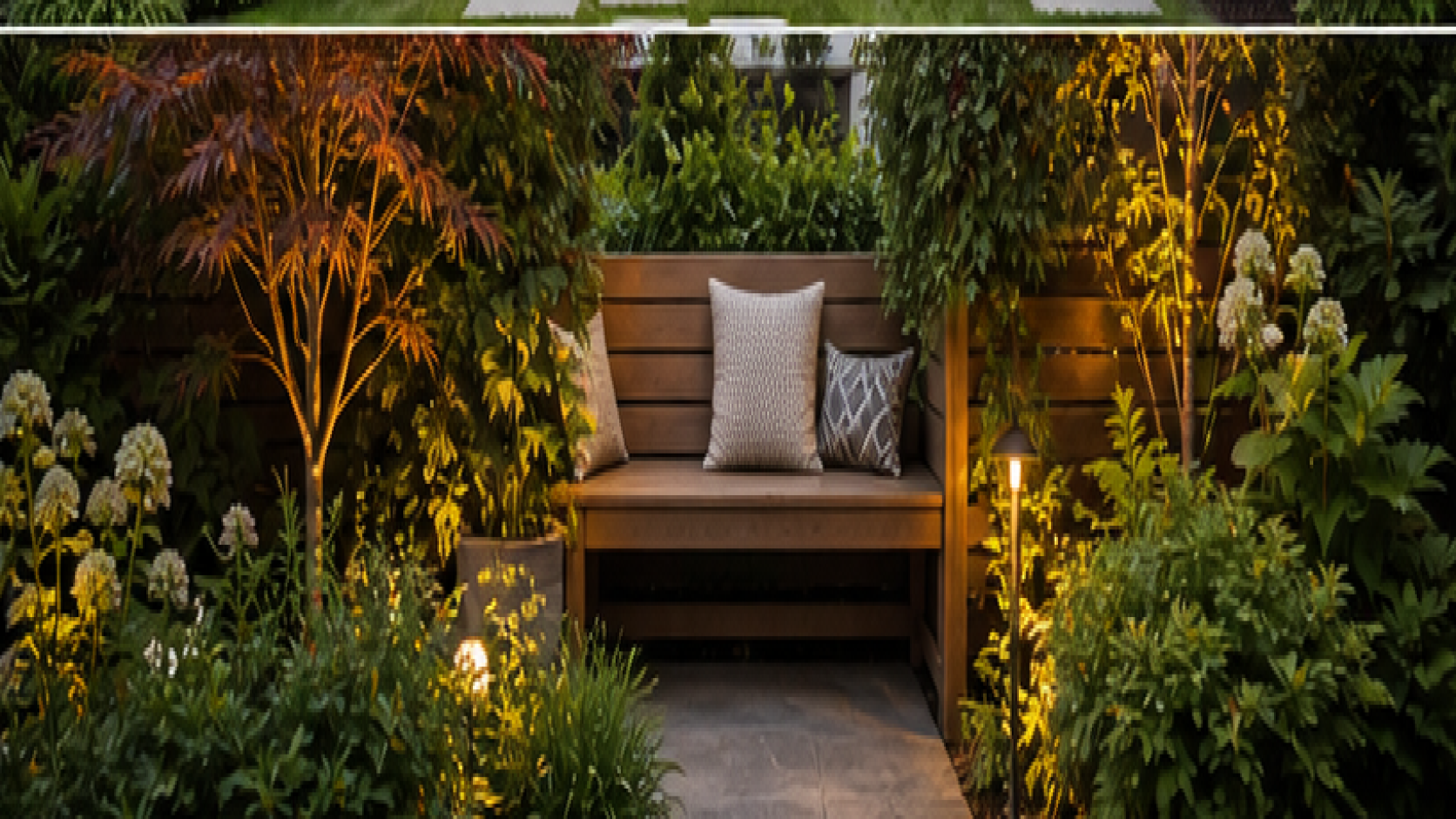 Small Backyard Landscaping Ideas with bench nook