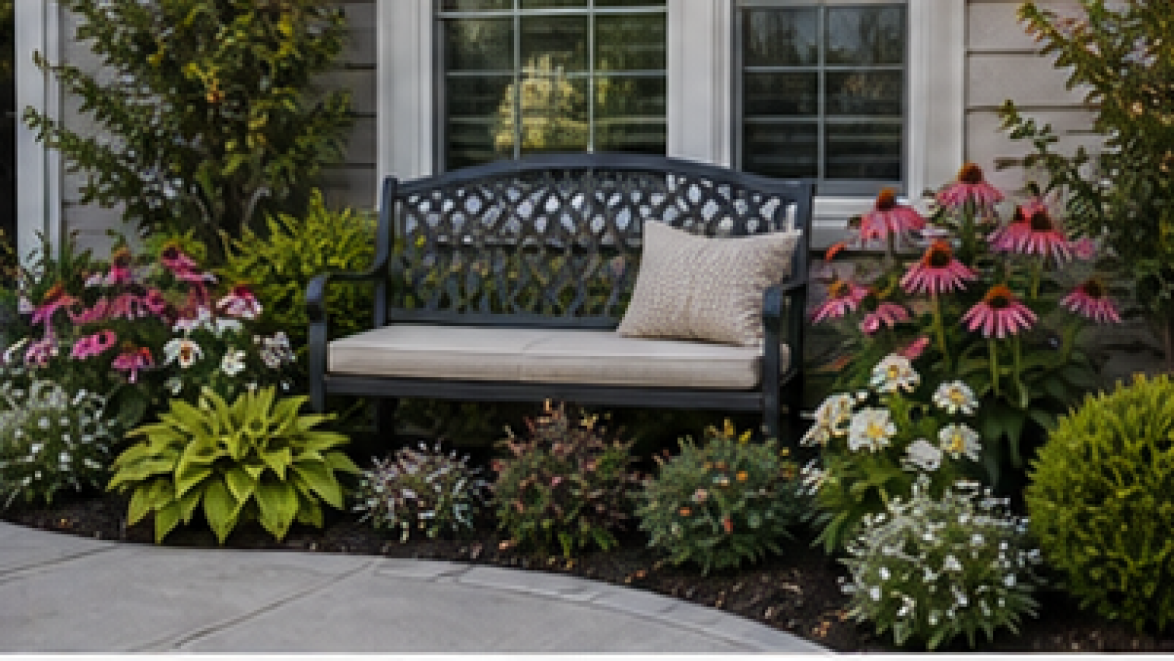 Small Front Yard Flower Bed Ideas with garden bench
