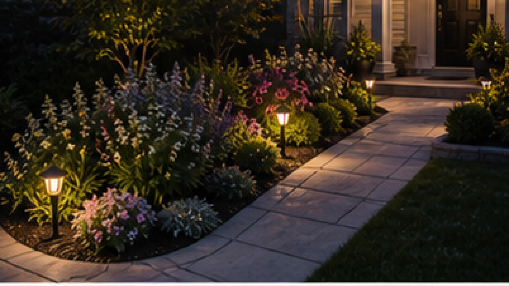Small Front Yard Flower Bed Ideas with path lights