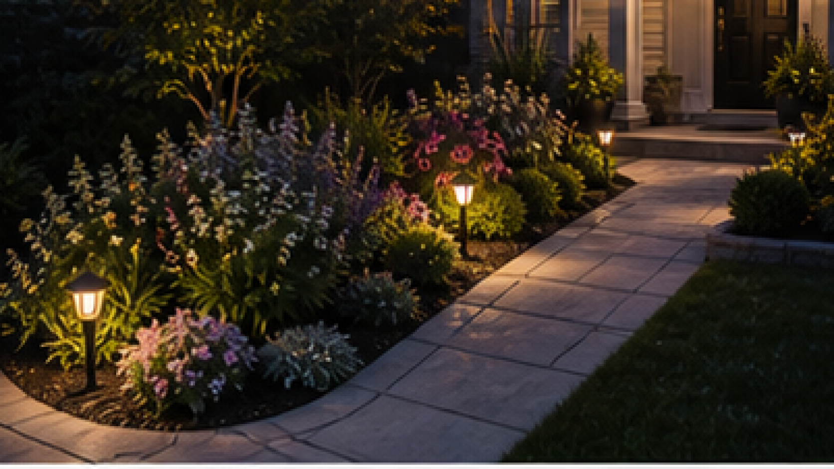 Small Front Yard Flower Bed Ideas with path lights