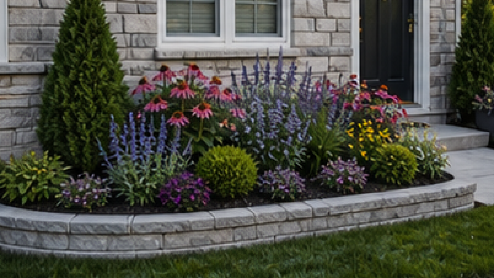 Small Front Yard Flower Bed Ideas with stone border