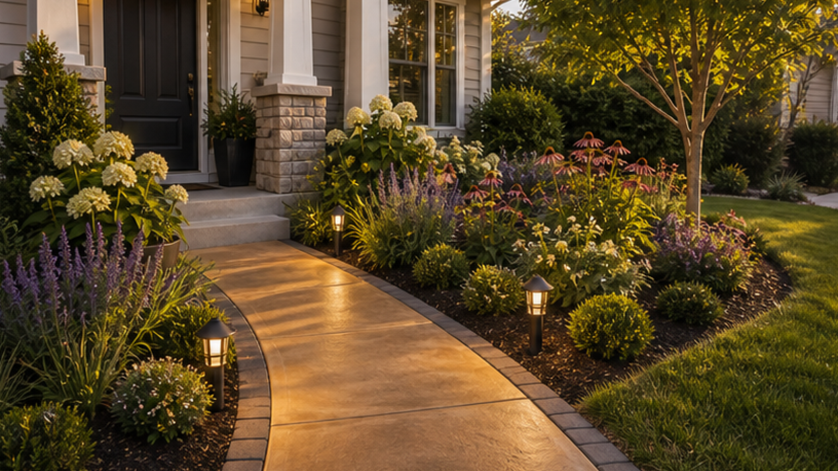 Small Front Yard Landscaping Ideas with a treated concrete look