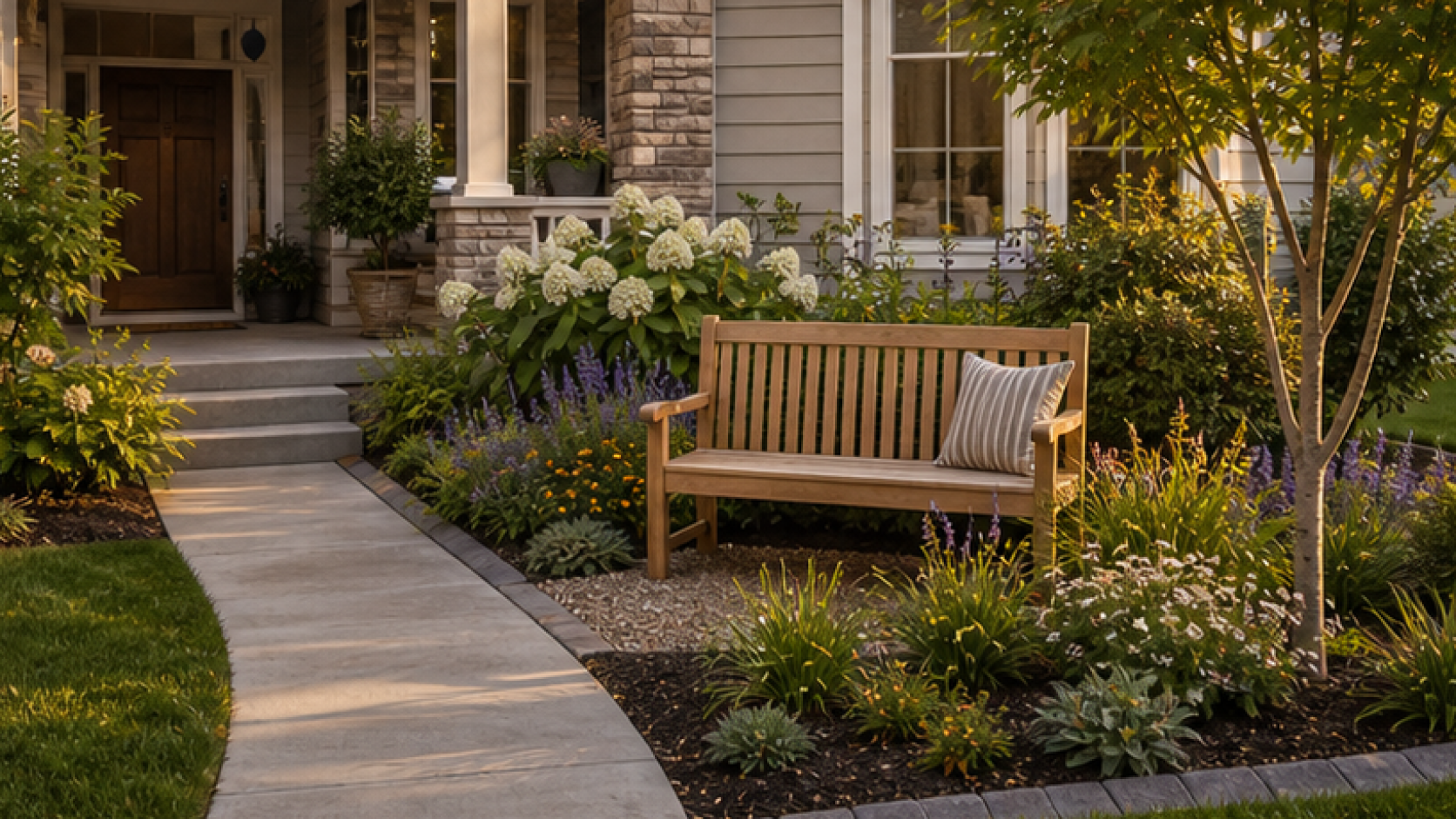 Small Front Yard Landscaping Ideas with a bench accent