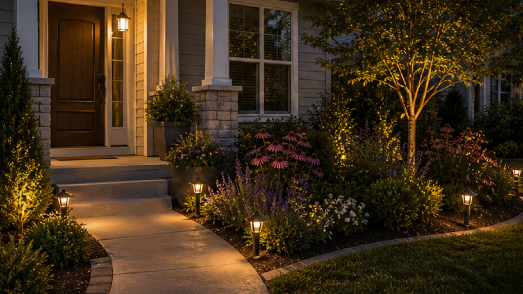 Small Front Yard Landscaping Ideas with path light accents