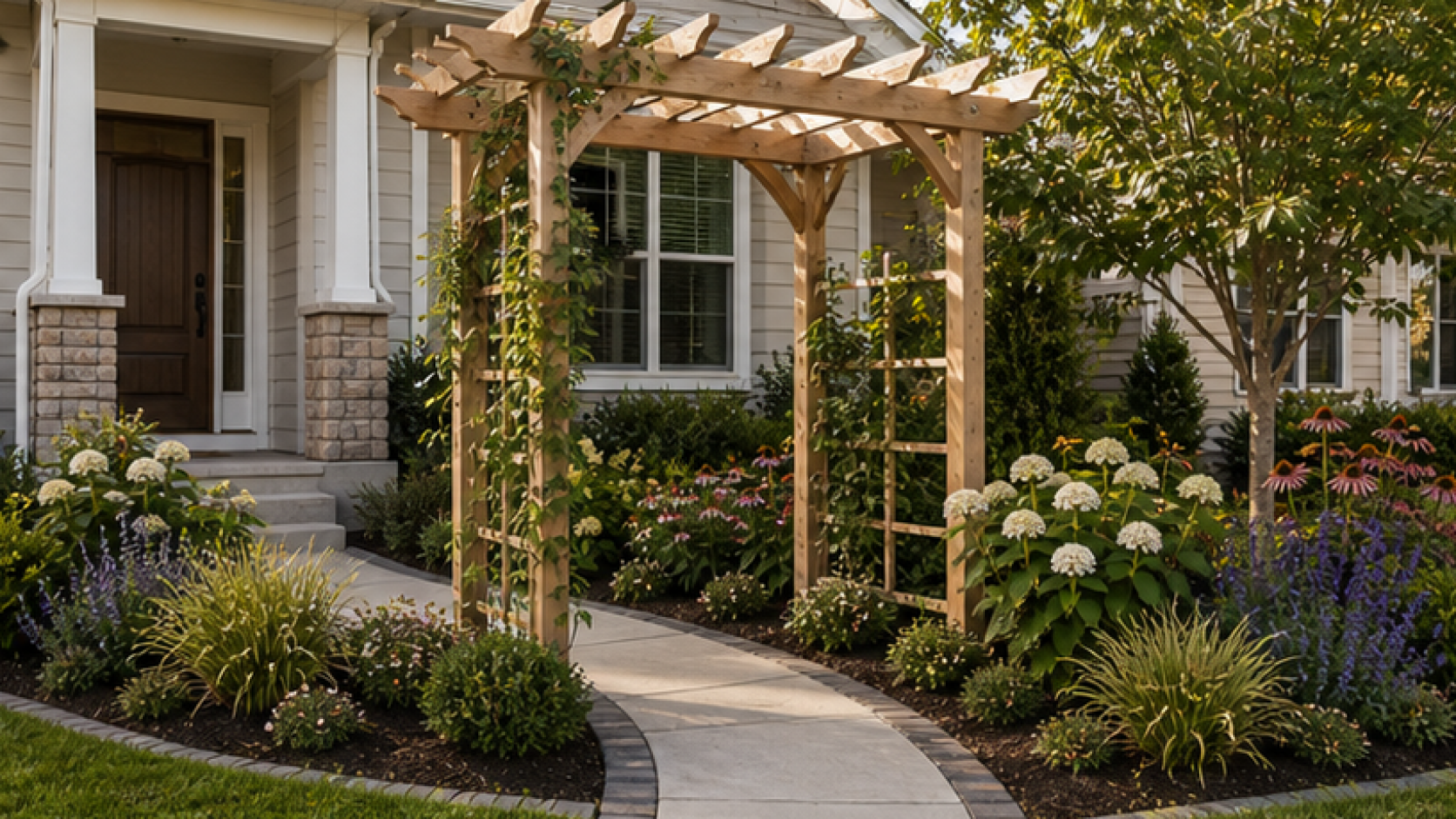 Small Front Yard Landscaping Ideas with a pergola accent