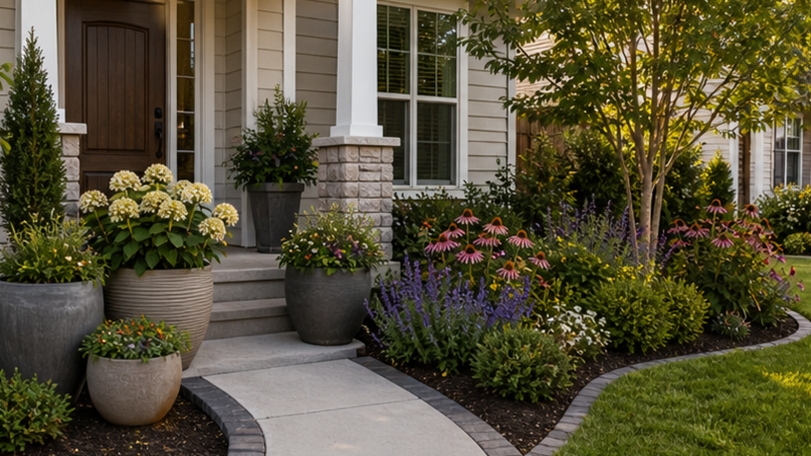 Small Front Yard Landscaping Ideas with grouped planters