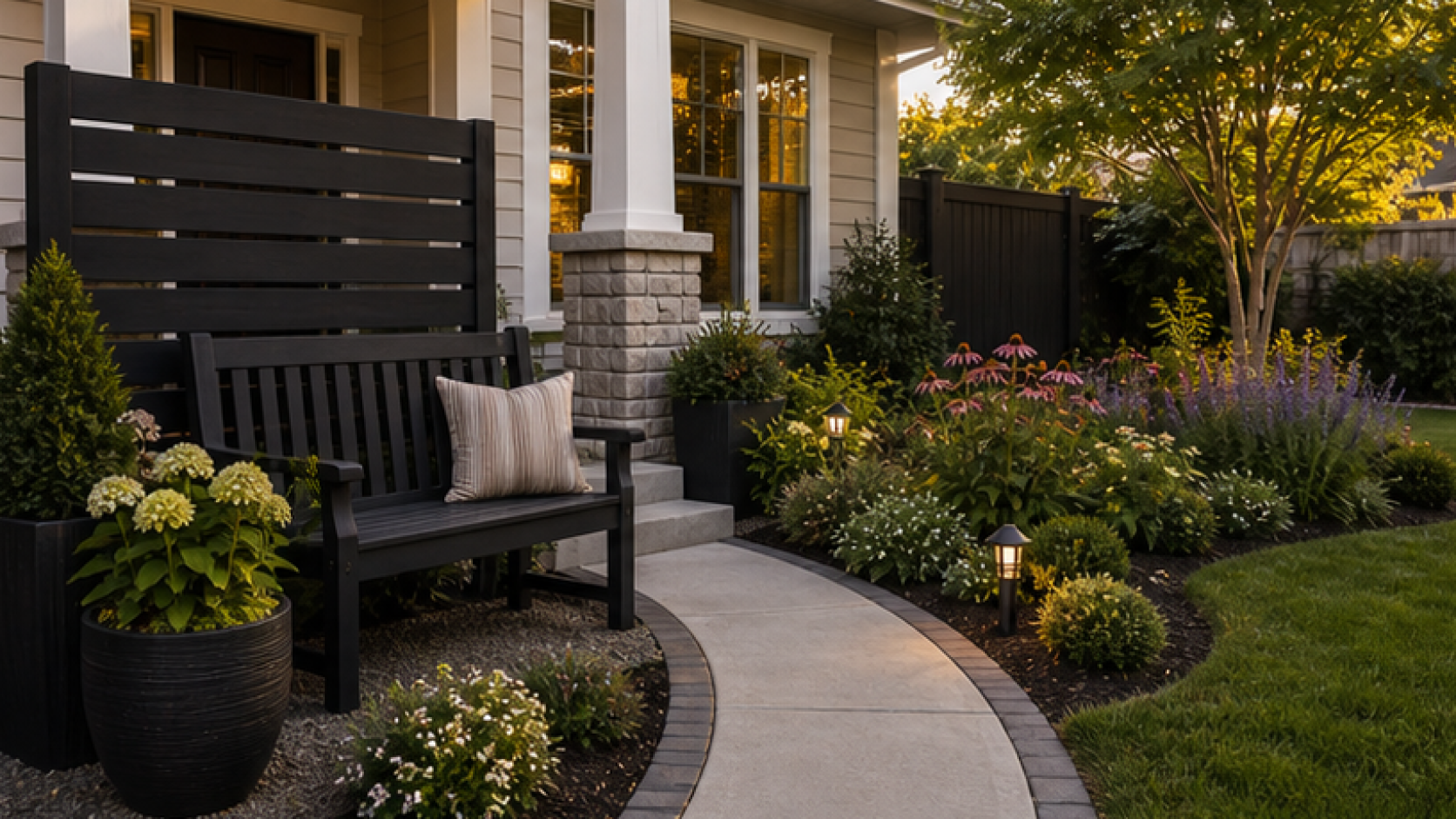 Small Front Yard Landscaping Ideas with dark wood accents