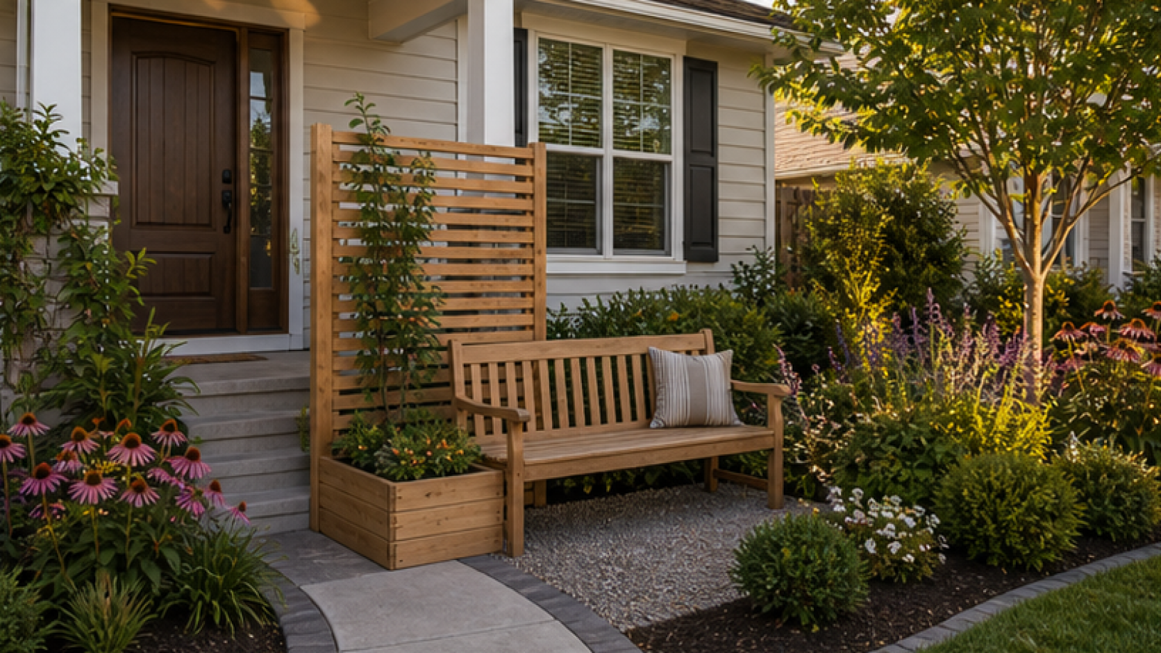 Small Front Yard Landscaping Ideas with natural wood accents