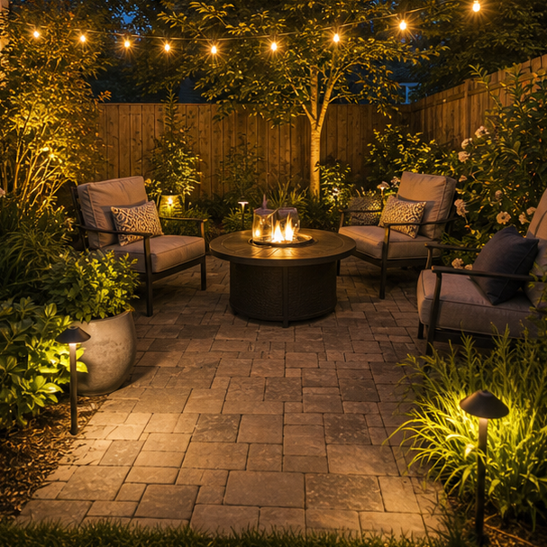 Small Patio Landscaping Ideas with evening light