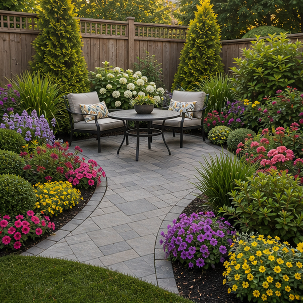 Small Patio Landscaping Ideas with flower edge