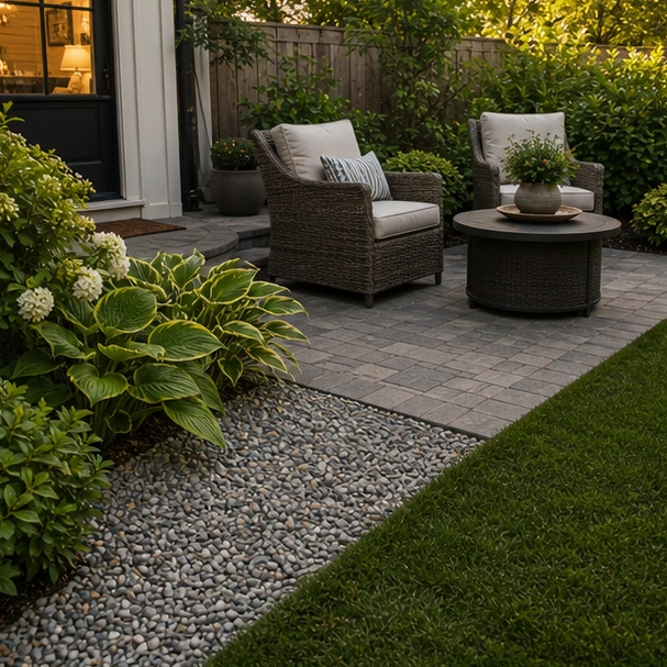 Small Patio Landscaping Ideas with gravel border