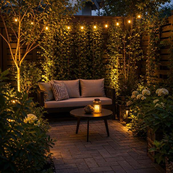 Small Yard Landscaping Ideas with evening light