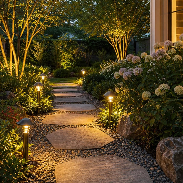 Stepping Stone Walkway Ideas with evening lights