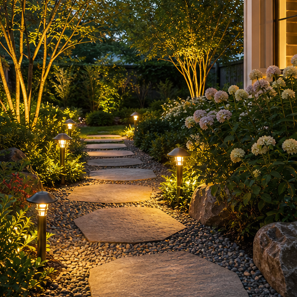 Stepping Stone Walkway Ideas with evening lights