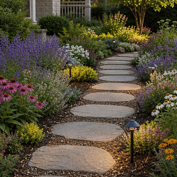 Stepping Stone Walkway Ideas with flower edge