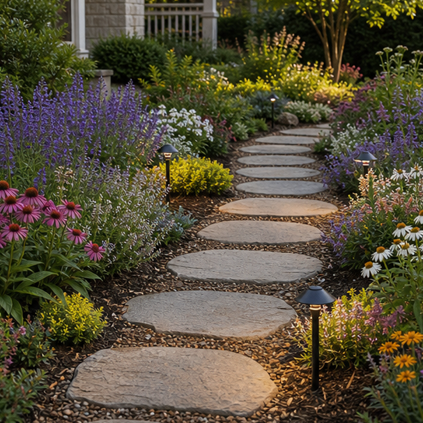 Stepping Stone Walkway Ideas with flower edge