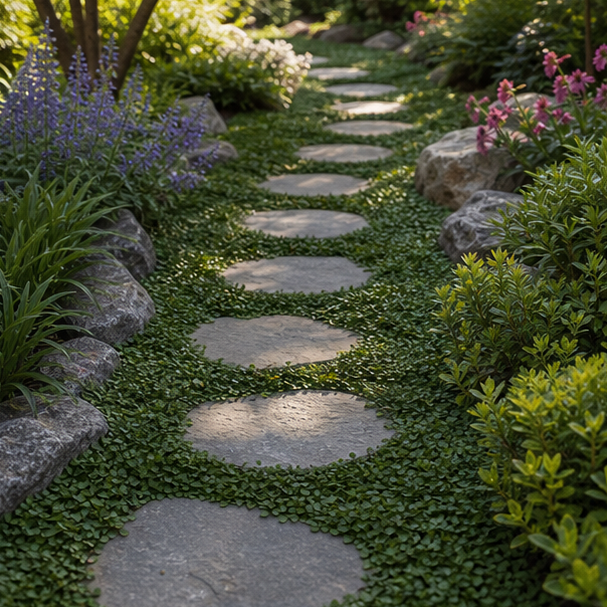 Stepping Stone Walkway Ideas with groundcover path