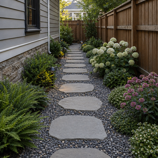 Stepping Stone Walkway Ideas with side yard route