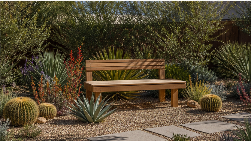 Xeriscape Landscaping Ideas with bench nook