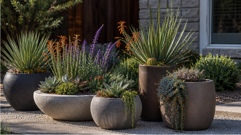 Xeriscape Landscaping Ideas with planters