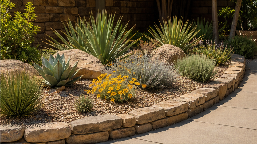 Xeriscape Landscaping Ideas with stone border